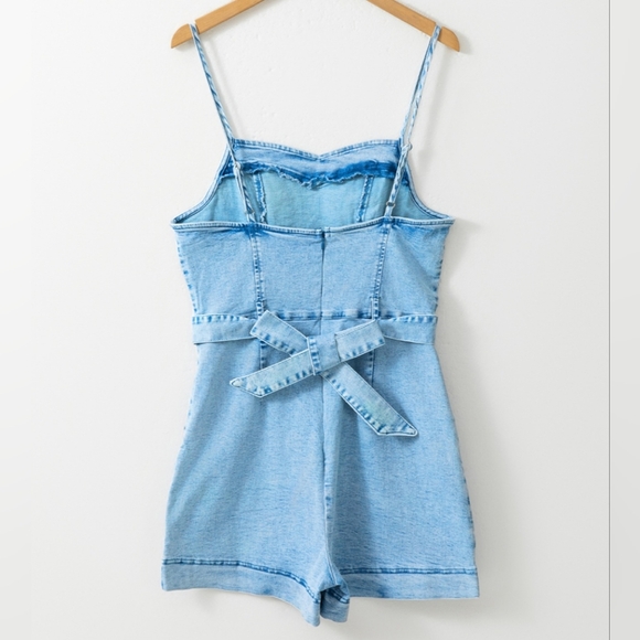 Denim Romper Shorts Sweetheart Sleeveless Belt Pocket Jean One-piece Jumpsuit - Picture 6 of 16